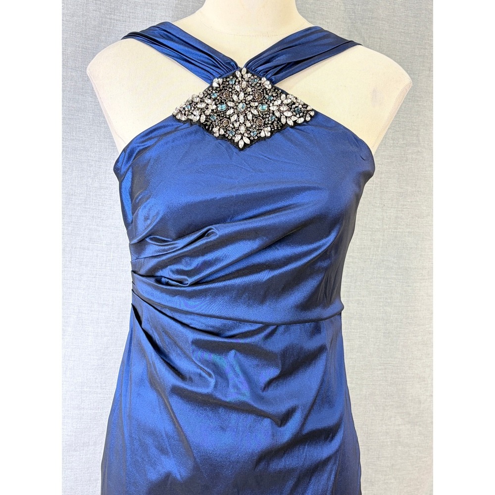 David Meister Sapphire Blue Jewel Embellished Halter Mermaid Gown 4 - Picture 2 of 11